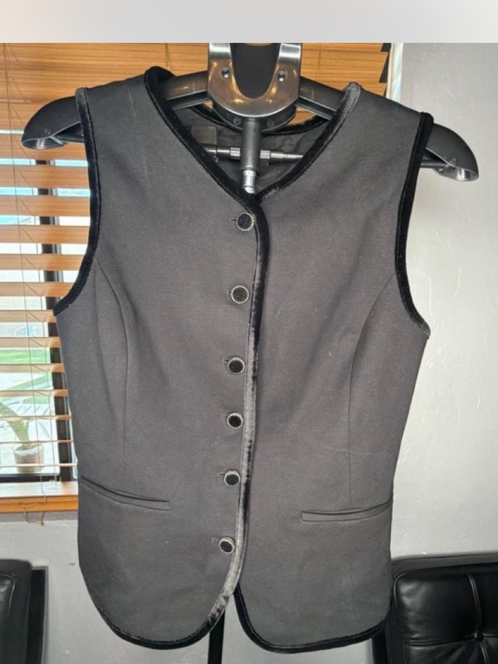 Rachel Zoe black vest with velvet trim and velvet and silver buttons and tieback